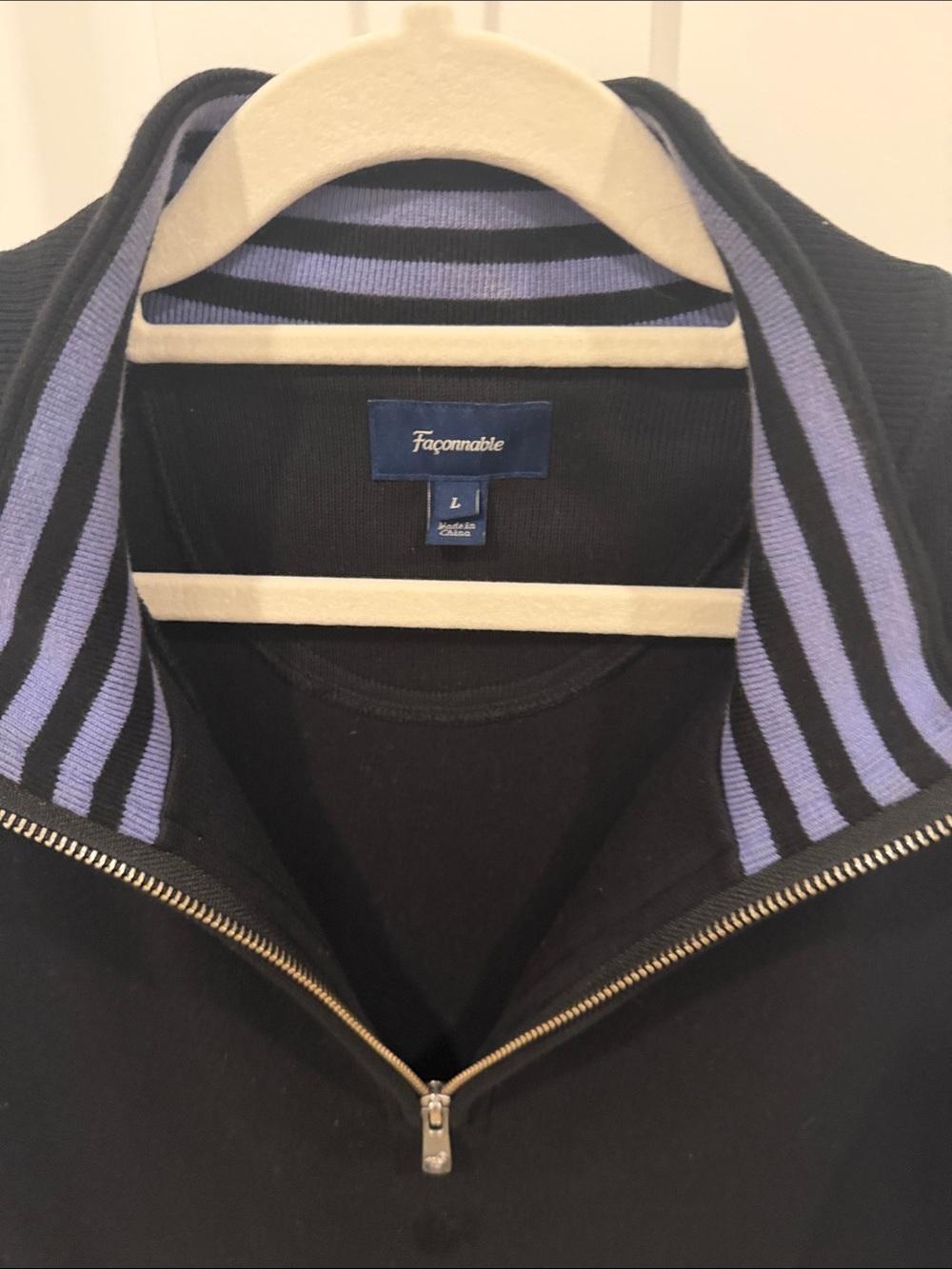 Faconnable Black Zip Sweater with Blue Striped Collar